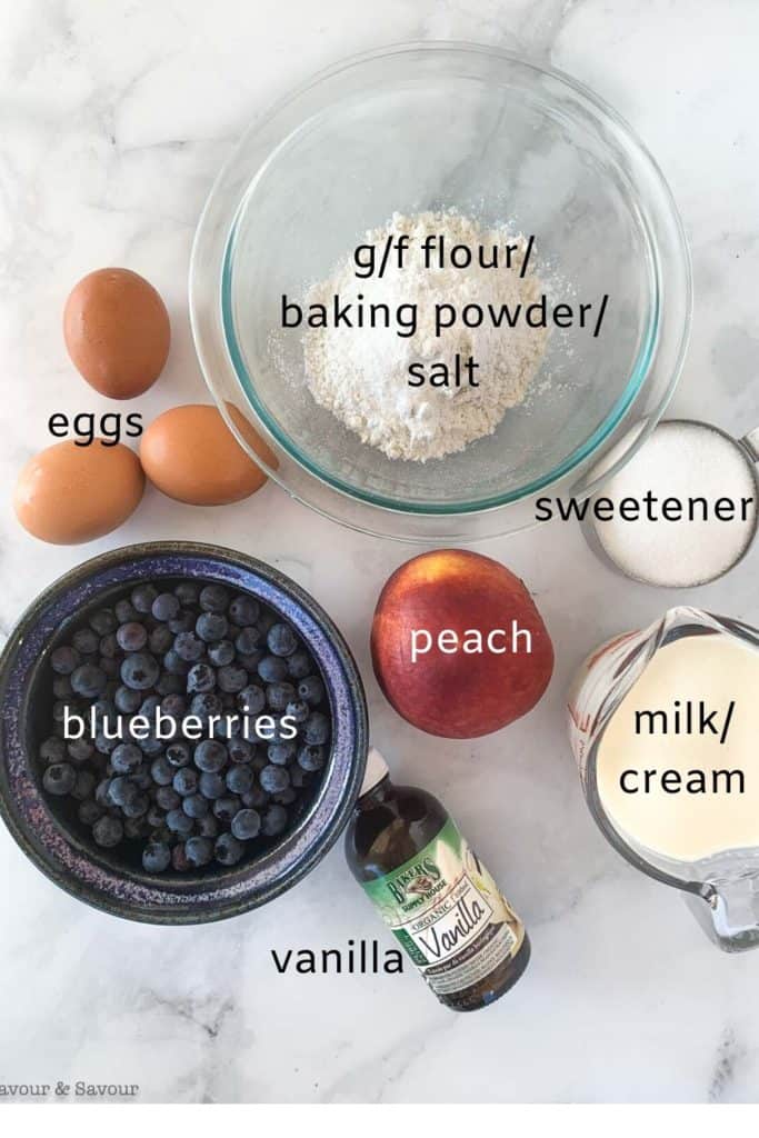 labeled image of ingredients for Blueberry Peach Clafoutis