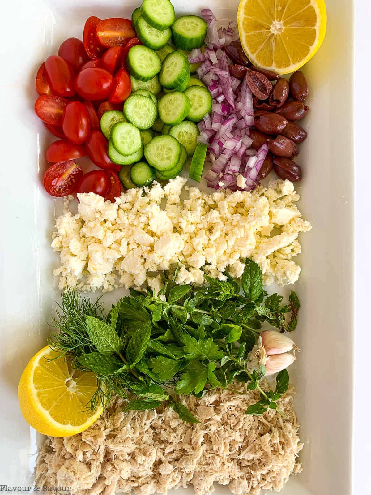 Ingredients for Greek Chicken Stuffed Zucchini Boats.