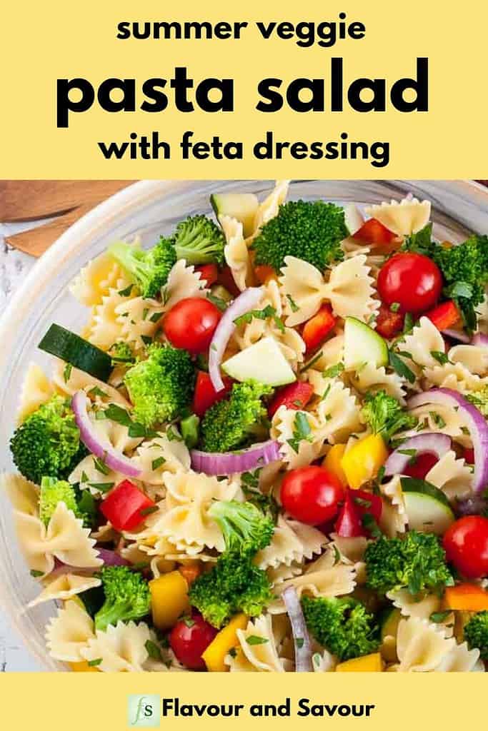 Pinterest Pin for Summer Veggie Pasta Salad with Feta Dressing