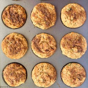 overhead view of gluten-free Zucchini Banana Muffins in muffin tin