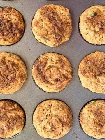 overhead view of gluten-free Zucchini Banana Muffins in muffin tin