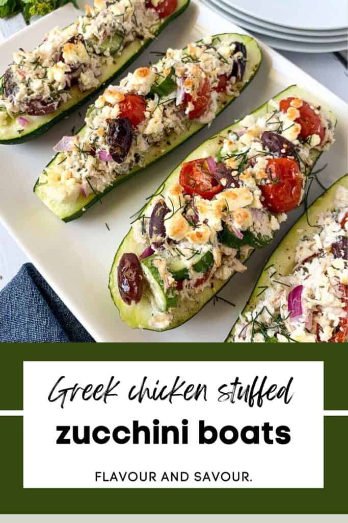 image with text for Greek Chicken Stuffed Zucchini Boats.