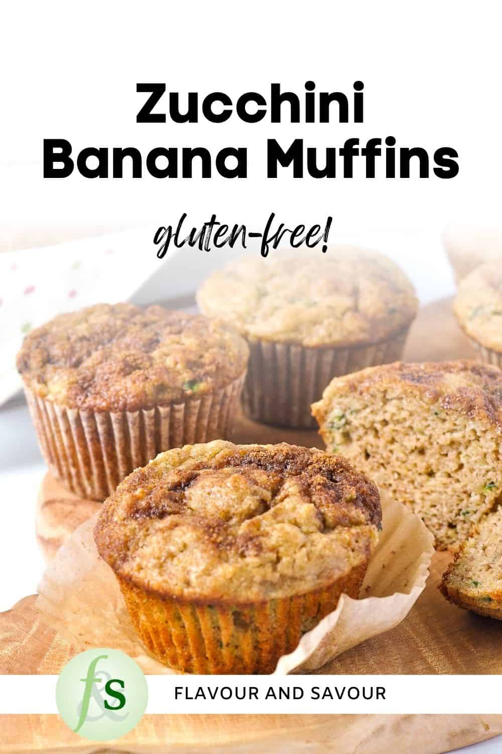 Image with text overlay for Gluten-free Zucchini Banana Muffins.