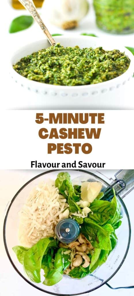 Two images of cashew pesto with text overlay