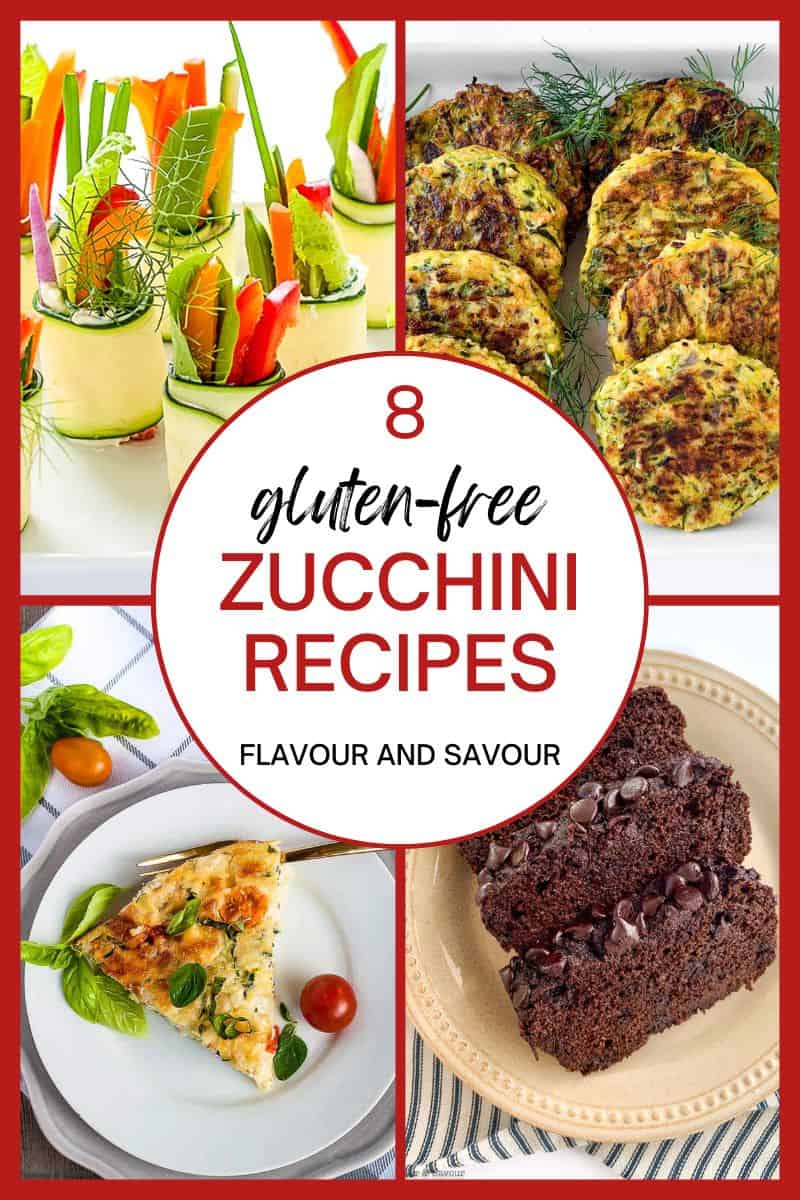 A collage of images with text for 8 gluten-free zucchini recipe ideas.