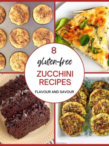 A collage of images of healthy gluten-free zucchini recipes.
