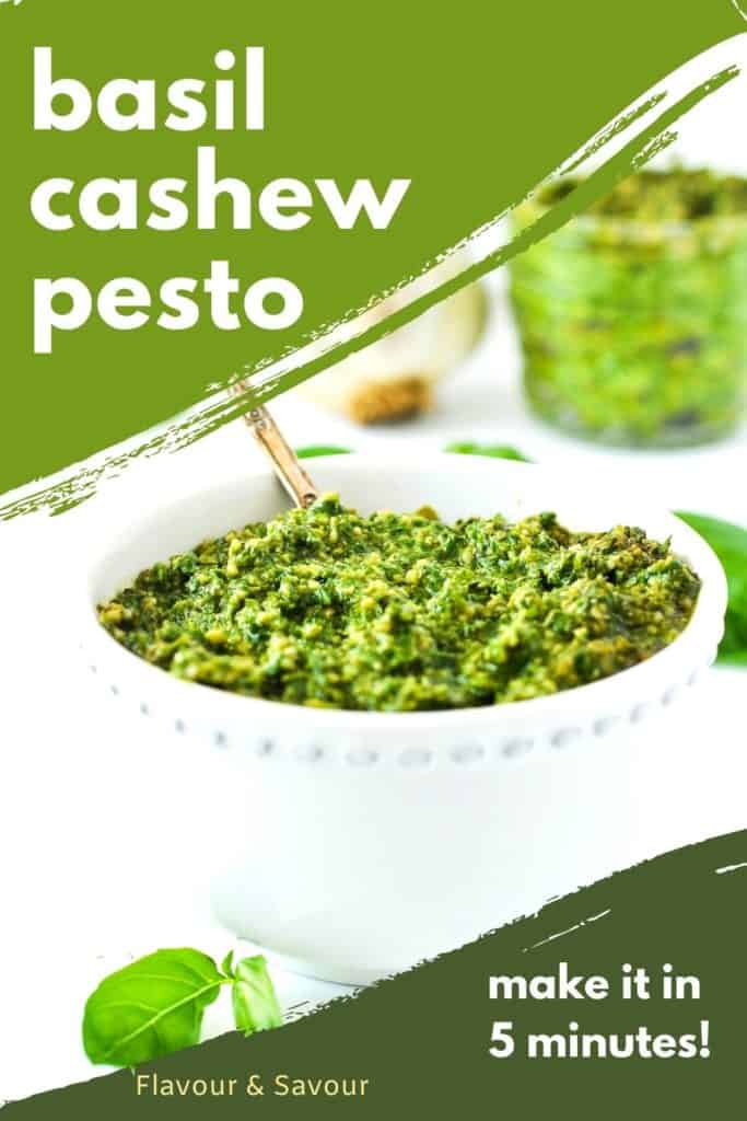 Graphic for basil cashew pesto with text overlay