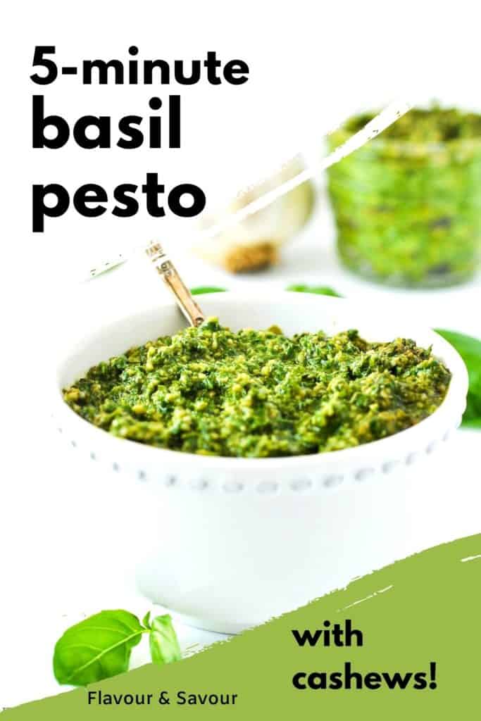 Graphic for 5 minute basil pesto with text overlay