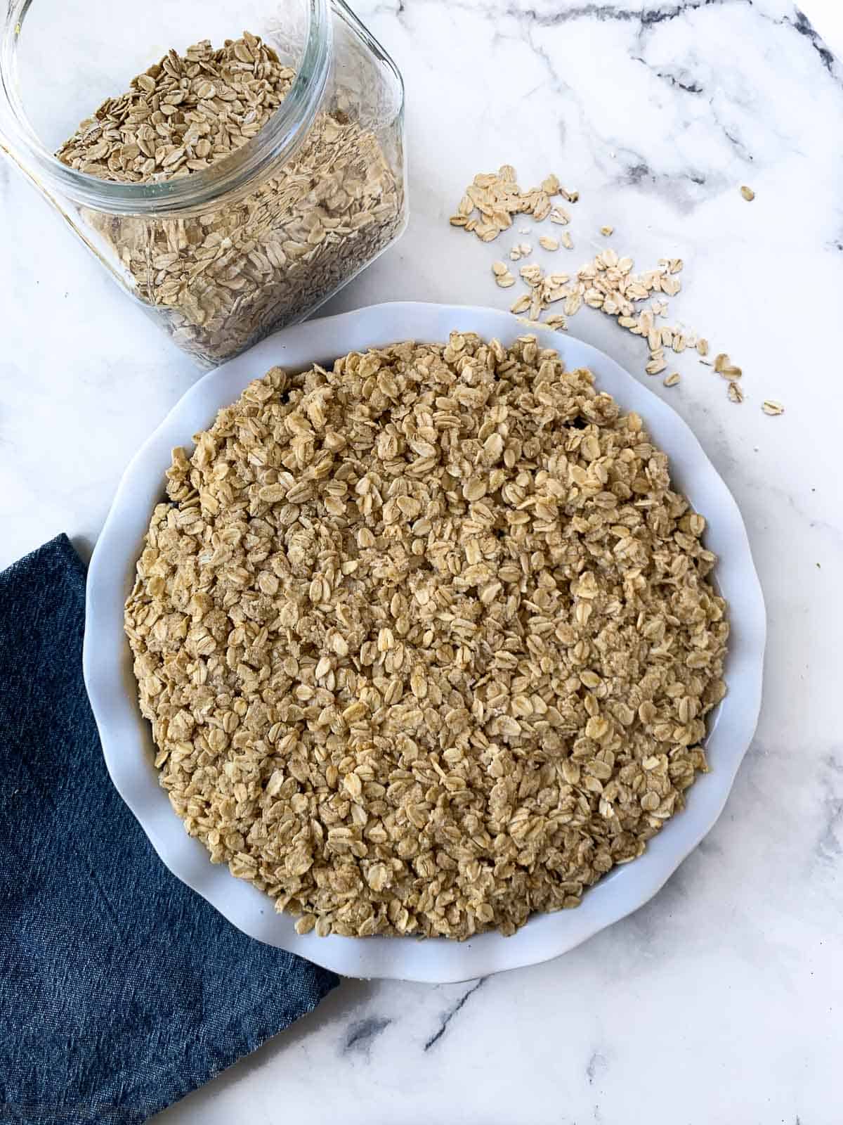 Crumble topping on blueberry crisp.