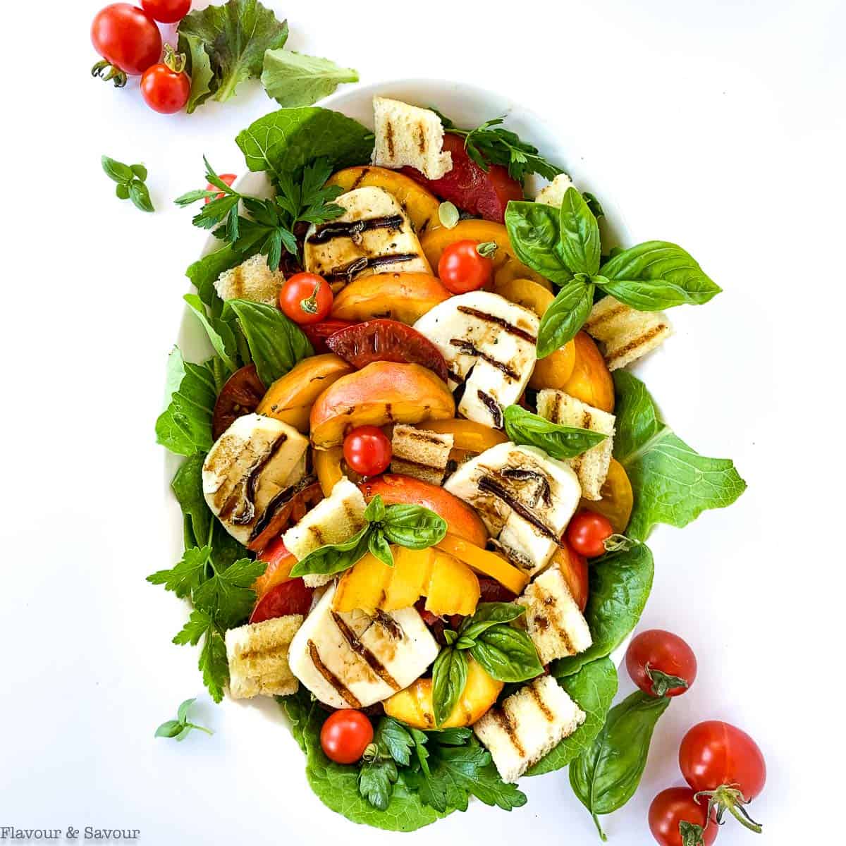 Grilled Halloumi Peach and Tomato Salad overhead view