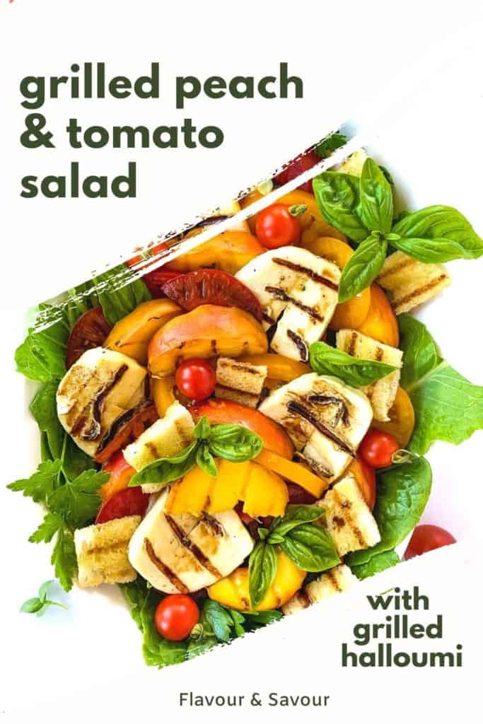 Graphic for Grilled Peach and Tomato Salad with grilled halloumi