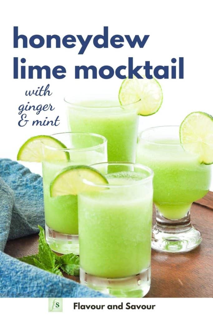 Honeydew Lime Mocktail with ginger and mint with text overlay