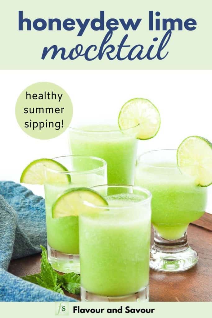 Honeydew Lime Mocktail with text overlay, healthy summer sipping