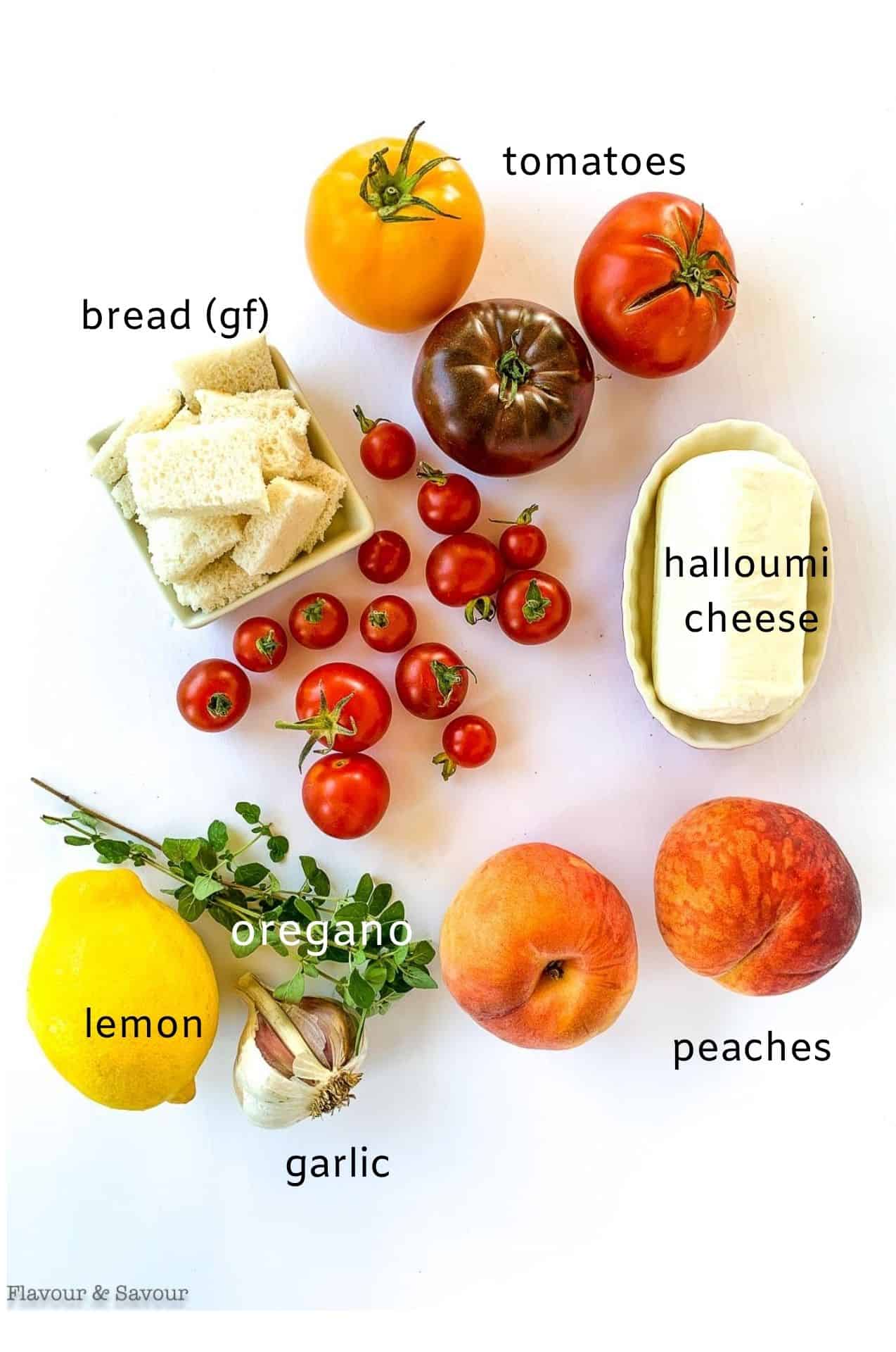 Labeled ingredients image for Grilled Halloumi Peach and Tomato Salad.