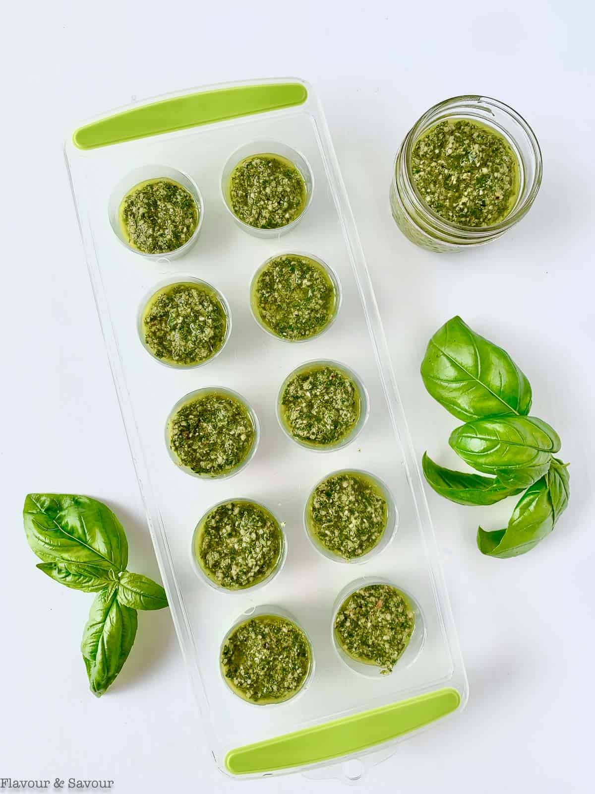 Basil pesto in ice cube tray