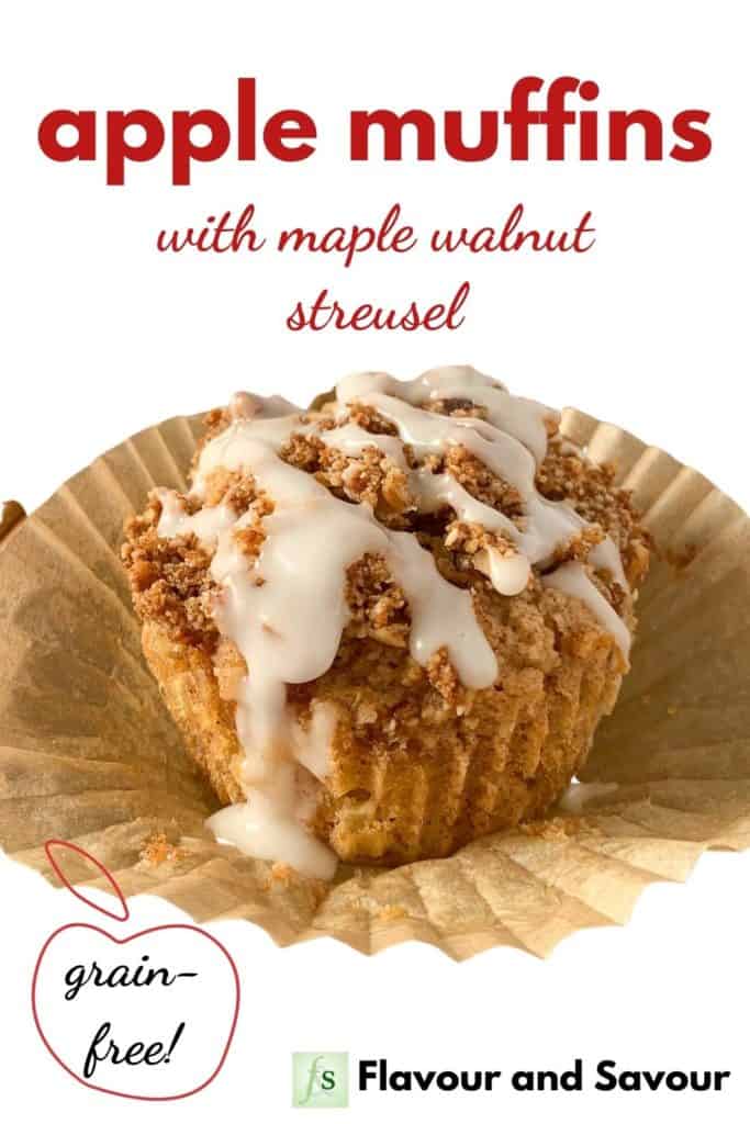 Image and text overlay for apple muffins with maple cinnamon streusel