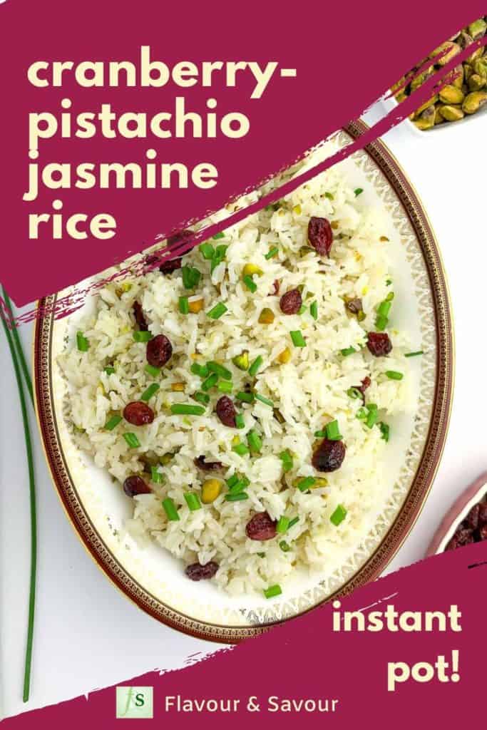 Graphic for Instant Pot Cranberry Pistachio Jasmine Rice with text overlay