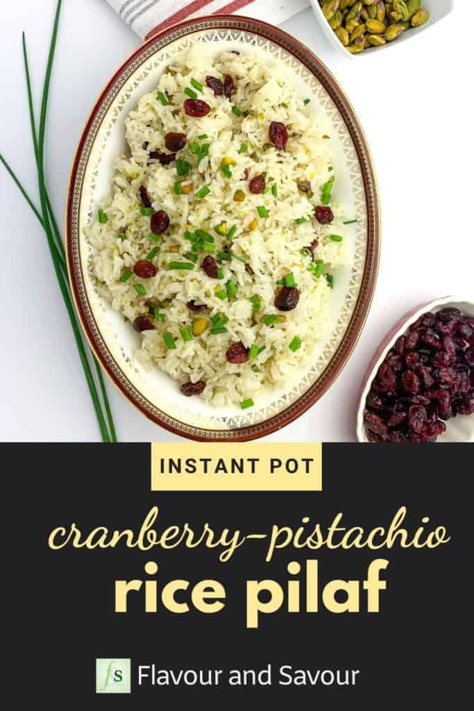 Image with text overlay for Cranberry Pistachio Rice Pilaf