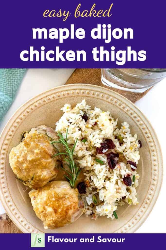 Image with text overlay for Maple Dijon Chicken Thighs