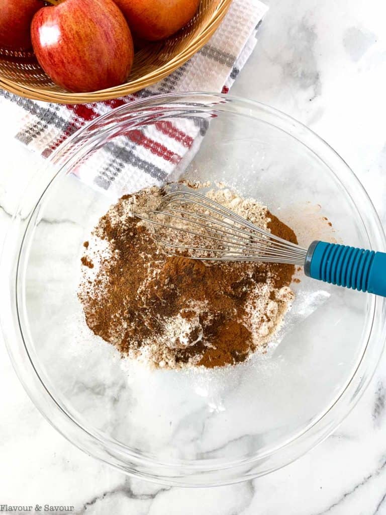 Dry ingredients for applesauce spice cake.