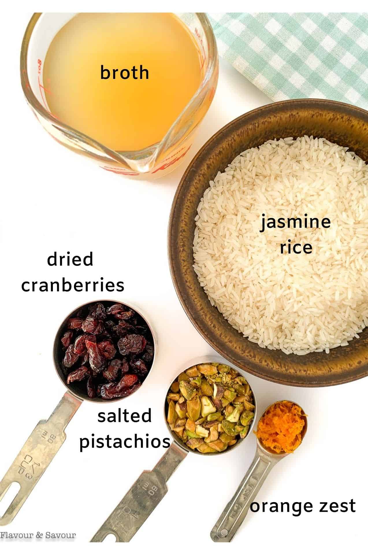 Labeled ingredients for Cranberry Pistachio Jasmine Rice.