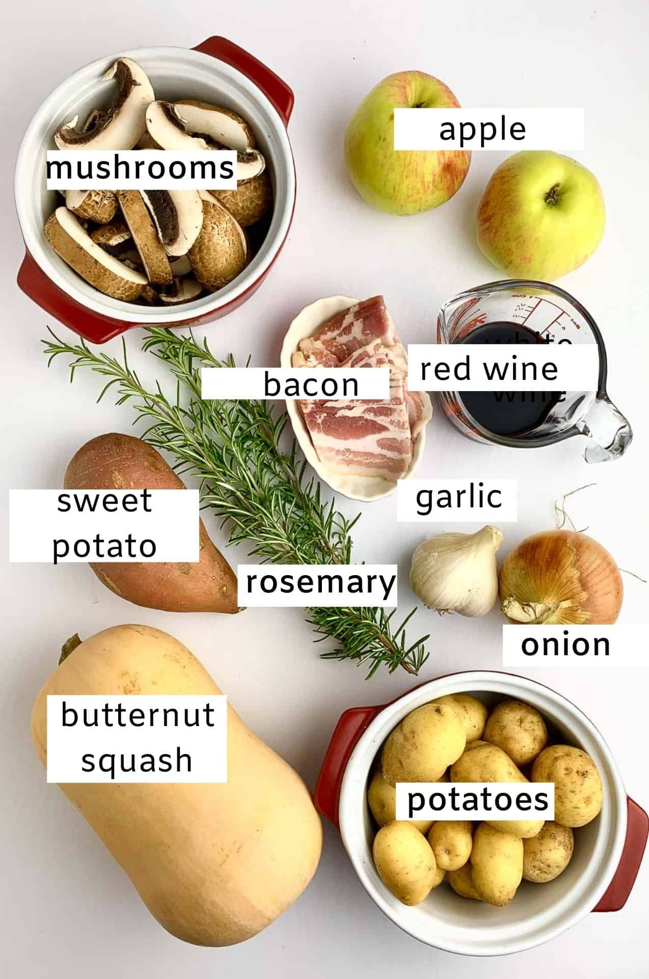 Labeled ingredients for Harvest  Chicken with Bacon, Rosemary and Apples