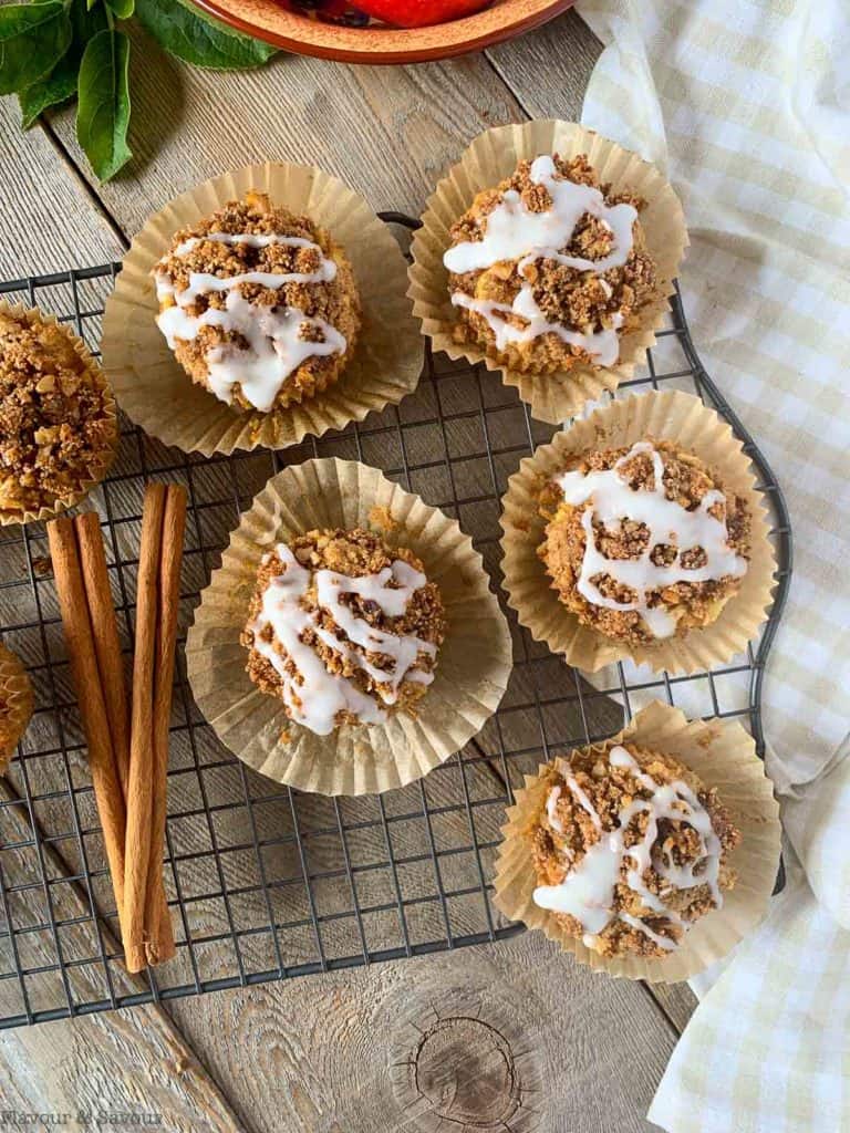 overhead view of 5 Apple Muffins on a cooling rack