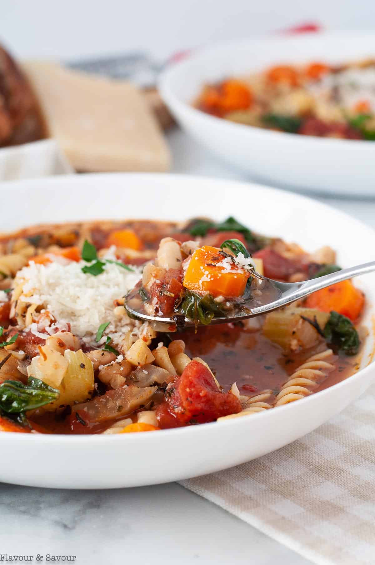 A spoonful of Instant Pot Minestrone Soup.