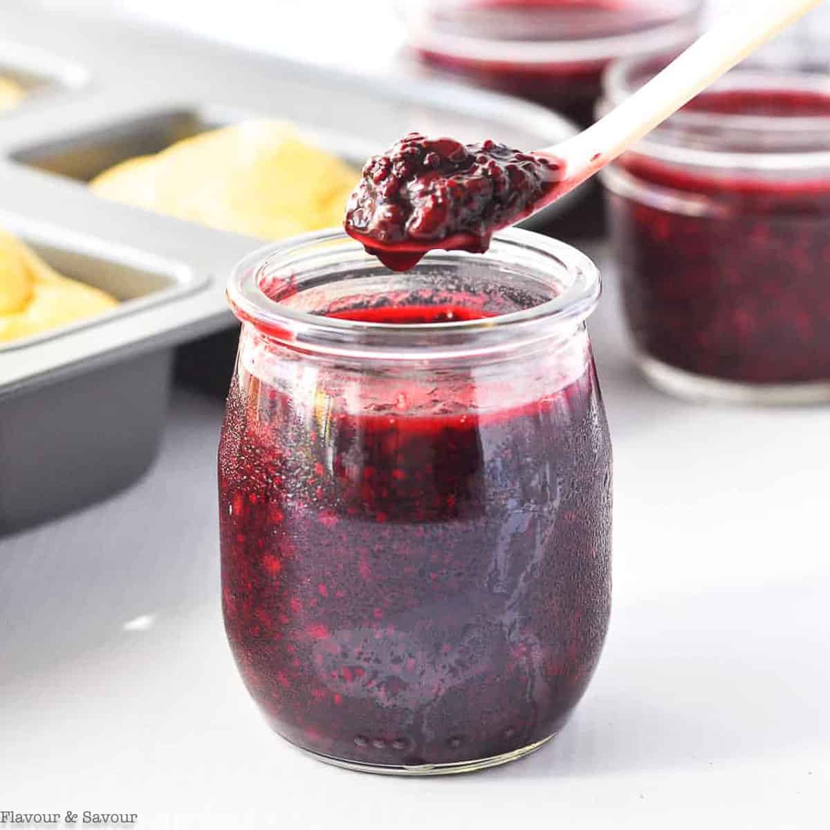 A small jar of blackberry chia seed jam.