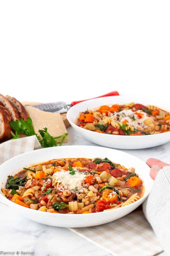 Two bowls of Instant Pot Minestrone Soup