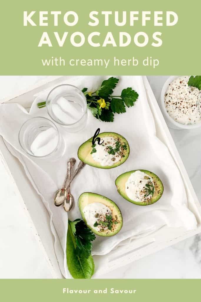 Image and Text Overlay for Keto Stuffed Avocados with herb dip