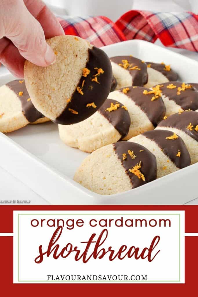 Image with text overlay for Orange Cardamom Shortbread Cookies