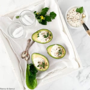 Stuffed Avocados with Creamy Herb Dip in a white tray