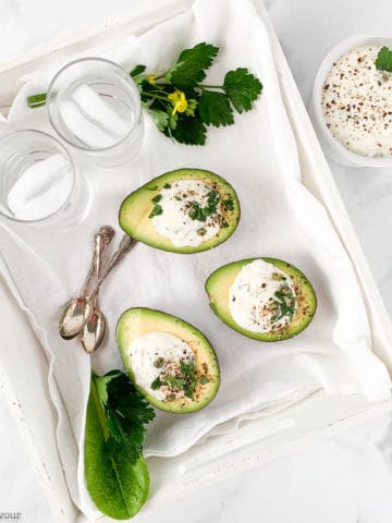Stuffed Avocados with Creamy Herb Dip in a white tray