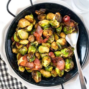 Brussels Sprouts with bacon in serving dish