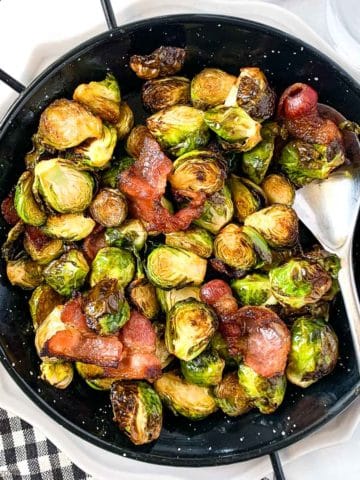 Brussels Sprouts with bacon in serving dish