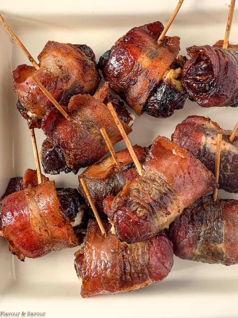 Close up overhead view of bacon wrapped dates