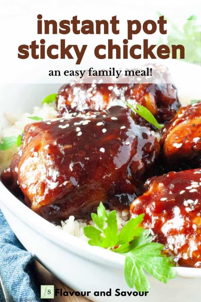 Image with text overlay for Instant Pot Sticky Chicken