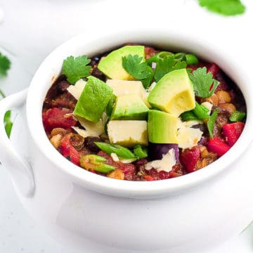 Overhead view of a bowl of Instant Pot Vegan Chili