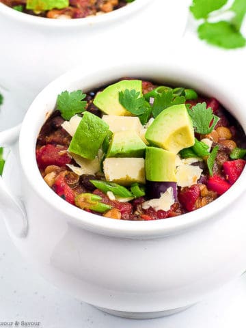 Overhead view of a bowl of Instant Pot Vegan Chili