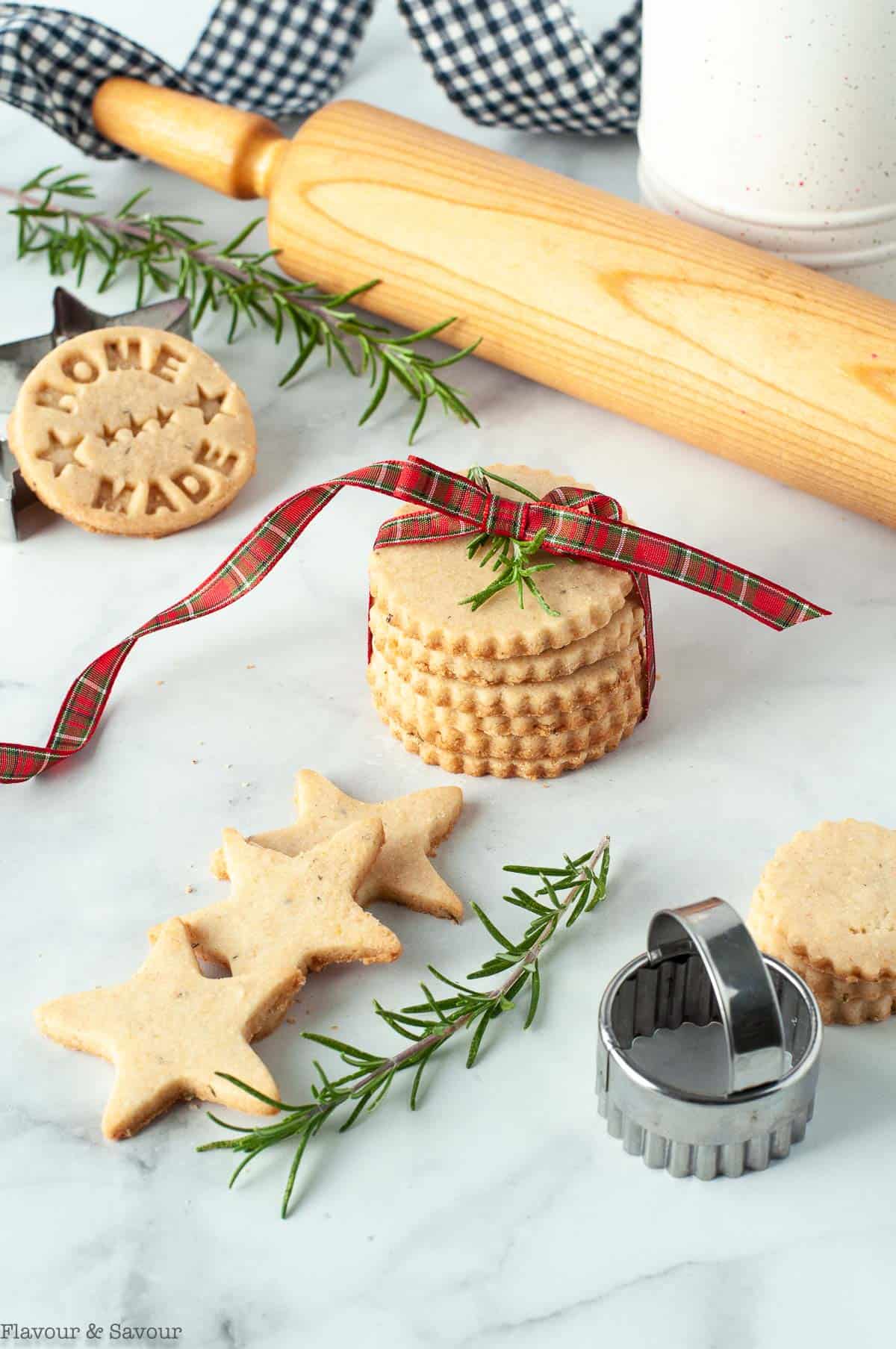 Rosemary shortbread cookies tied with a ribbon.