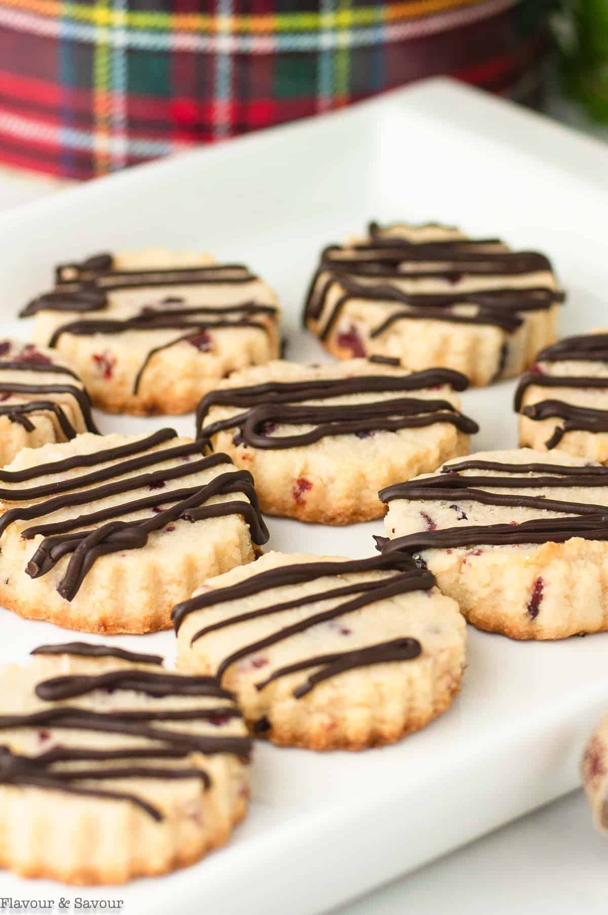 Close up view of Cranberry Lemon Shortbread Cookies on a plate