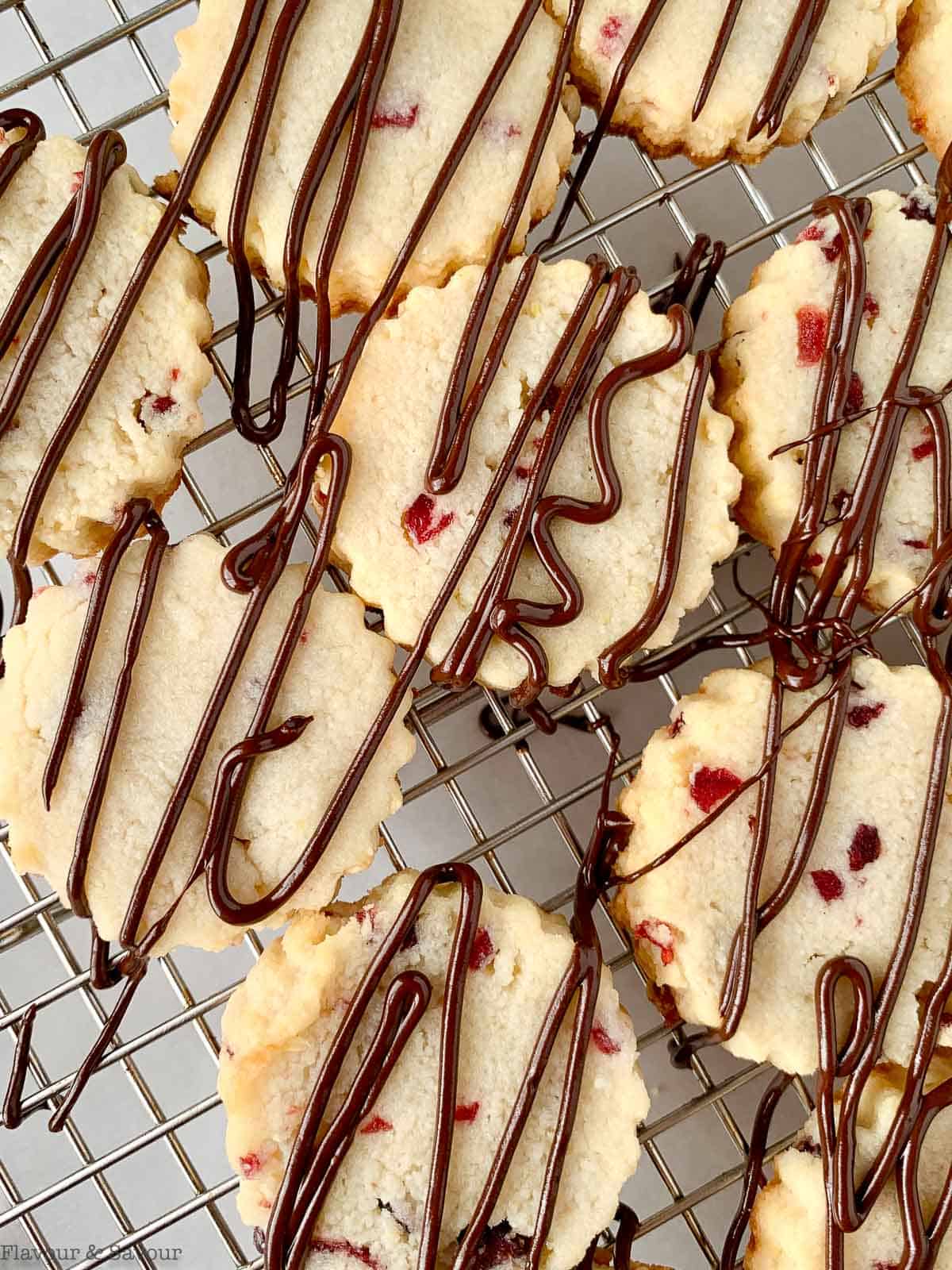 drizzled chocolate on shortbread cookies