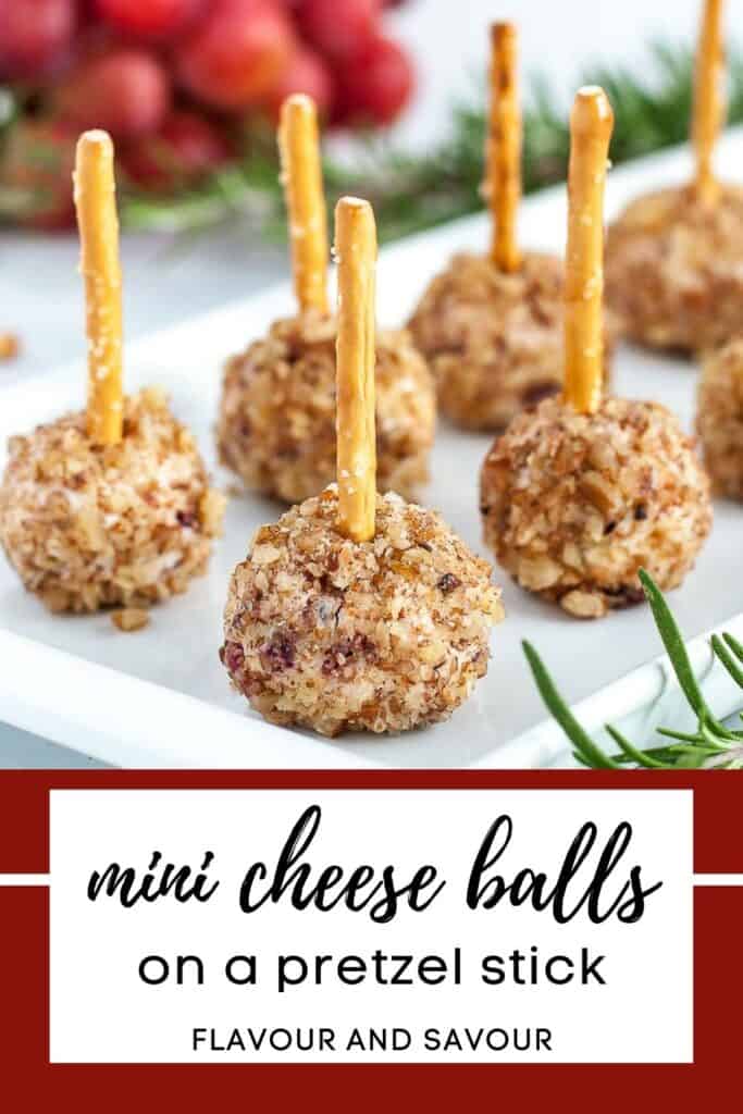 Image and text for mini cheese balls on a pretzel stick