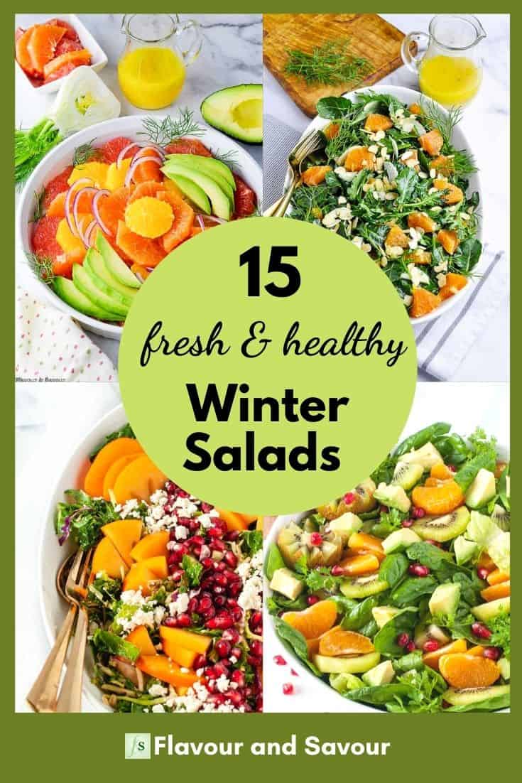 Collage image and text for 15 fresh and healthy winter salads