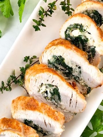 Sliced Stuffed Rolled Turkey on a serving platter