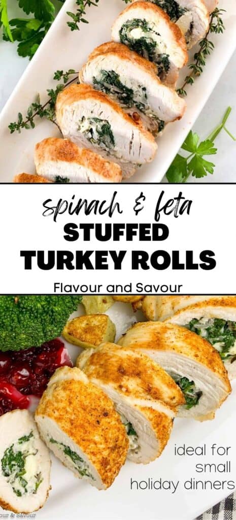 Image with text for air fryer stuffed turkey rolls with spinach and fetas.
