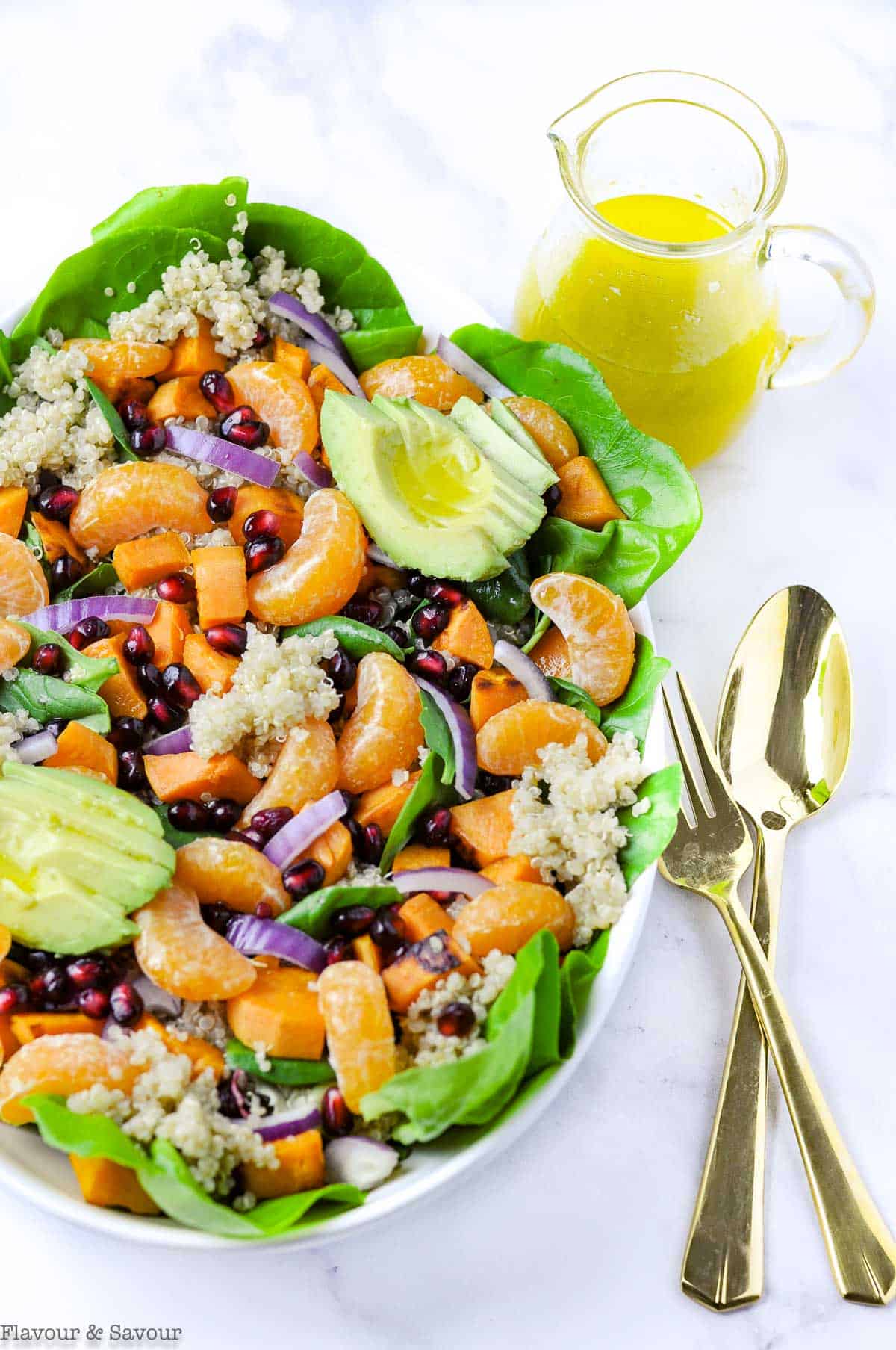 Overhead view of Sweet Potato Quinoa Salad with dressing