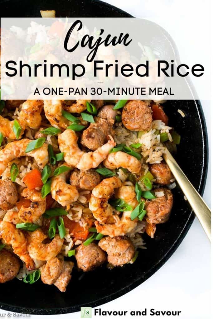 Image with text overlay for Cajun Shrimp Fried Rice