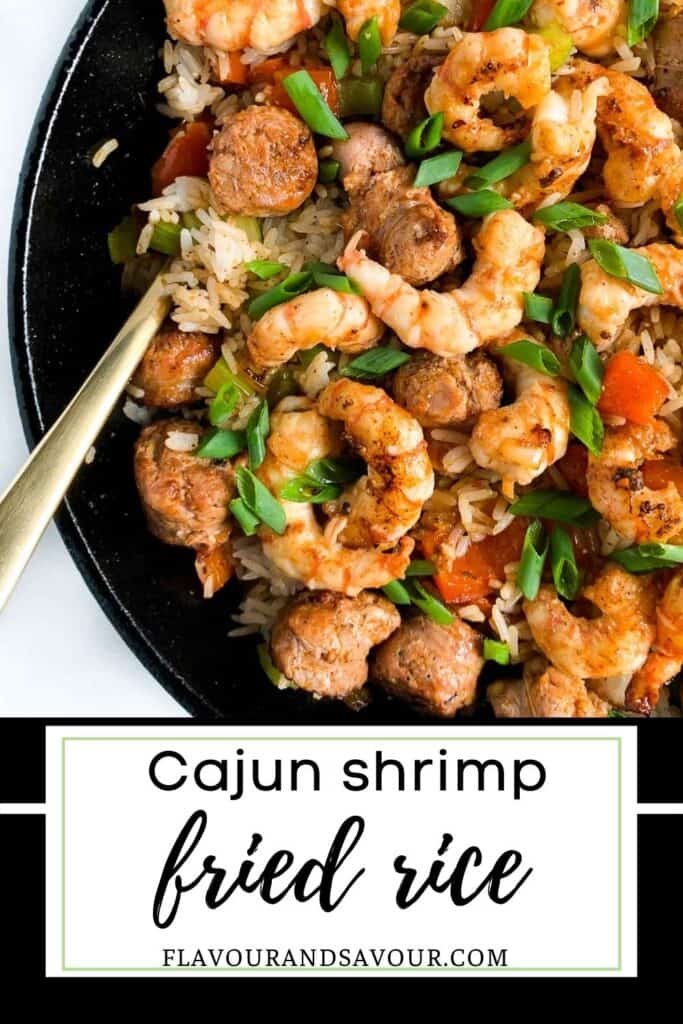 image with text overlay for Cajun Shrimp Fried Rice
